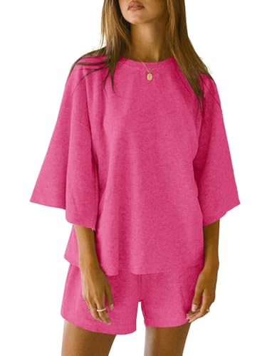 Imily Bela Schlafanzug Damen Kurz Rundhals Pyjama Set Sommer 3/4 Ärmel Nachtwäsche Locker Lässig(Rosarot,S) von Imily Bela