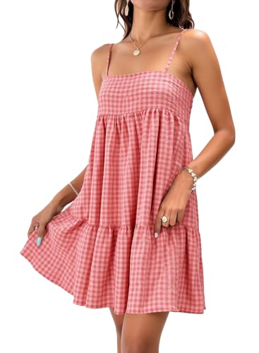 Imily Bela Sommerkleid Damen A Linie Strandkleid Ärmelloses Kariert Minikleid mit Taschen Locker(Rot,M) von Imily Bela
