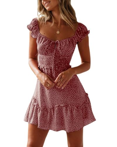 Imily Bela Damen Sommerkleid Rüschen Swing Strandkleid Elegant A-Linie Minikleid High Waist Kleid mit Kordelzug(Ziegelrot, M) von Imily Bela