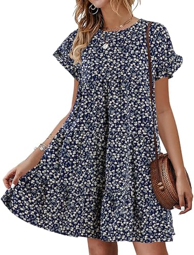 Imily Bela Sommerkleid Damen Knielang Kurzarm Blumenkleid Rundhals Rüschen Boho Kleid Elegant(Dunkelblau,XS) von Imily Bela