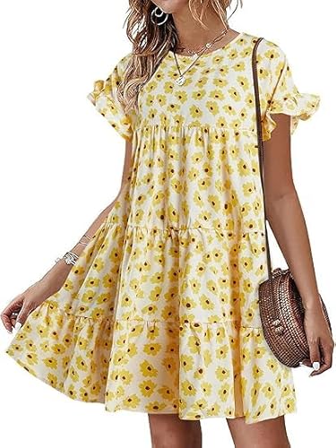 Imily Bela Sommerkleid Damen Knielang Kurzarm Blumenkleid Rundhals Rüschen Boho Kleid Elegant(Gelb,M) von Imily Bela