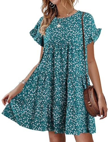 Imily Bela Sommerkleid Damen Knielang Kurzarm Blumenkleid Rundhals Rüschen Boho Kleid Elegant(Grün,M) von Imily Bela