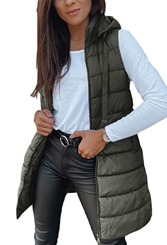 Imily Bela Damen Steppweste Lange Leichte Weste mit Kapuze Ärmellos Winterjacke Warm Übergangsweste,Areegrün, XXL von Imily Bela