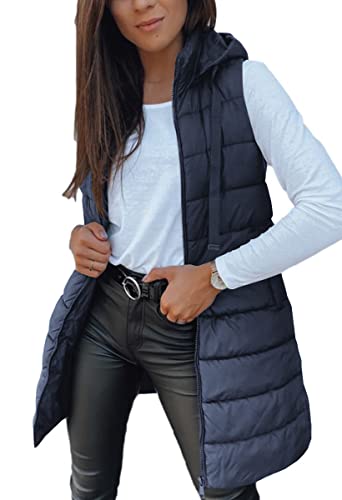 Imily Bela Damen Steppweste Lange Leichte Weste mit Kapuze Ärmellos Winterjacke Warm Übergangsweste,Dunkeblau, L von Imily Bela