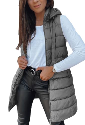 Imily Bela Damen Steppweste Lange Leichte Weste mit Kapuze Ärmellos Winterjacke Warm Übergangsweste,Grau, XXL von Imily Bela
