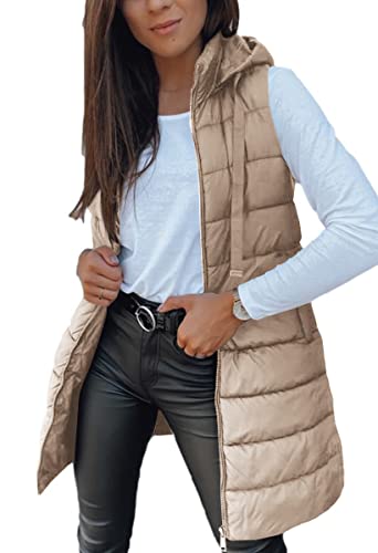 Imily Bela Damen Steppweste Lange Leichte Weste mit Kapuze Ärmellos Winterjacke Warm Übergangsweste,Khaki, M von Imily Bela