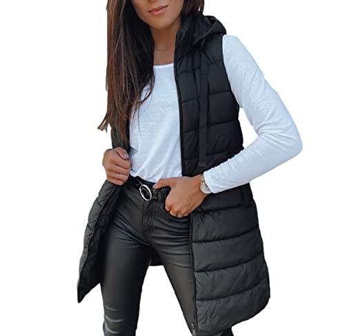 Imily Bela Damen Steppweste Lange Leichte Weste mit Kapuze Ärmellos Winterjacke Warm Übergangsweste,Schwarz, L von Imily Bela