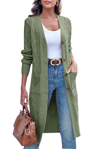 Imily Bela Strickjacke Damen Lang Zopfmuster Open Front Cardigan Langarm Herbst Winter Strickcardigan mit Taschen(Armee grün,XL) von Imily Bela