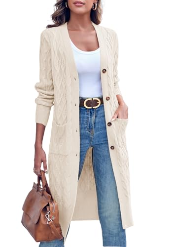 Imily Bela Strickjacke Damen Lang Zopfmuster Open Front Cardigan Langarm Herbst Winter Strickcardigan mit Taschen(Beige,XXL) von Imily Bela
