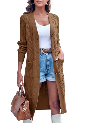 Imily Bela Strickjacke Damen Lang Zopfmuster Open Front Cardigan Langarm Herbst Winter Strickcardigan mit Taschen(Braun,M) von Imily Bela