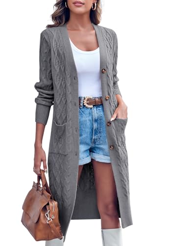 Imily Bela Strickjacke Damen Lang Zopfmuster Open Front Cardigan Langarm Herbst Winter Strickcardigan mit Taschen(Grau,M) von Imily Bela