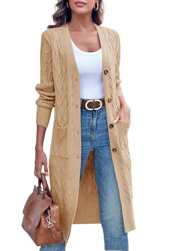 Imily Bela Strickjacke Damen Lang Zopfmuster Open Front Cardigan Langarm Herbst Winter Strickcardigan mit Taschen(Khaki,M) von Imily Bela