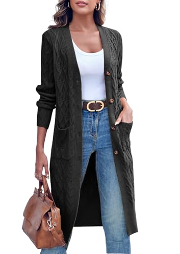 Imily Bela Strickjacke Damen Lang Zopfmuster Open Front Cardigan Langarm Herbst Winter Strickcardigan mit Taschen(Schwarz,M) von Imily Bela