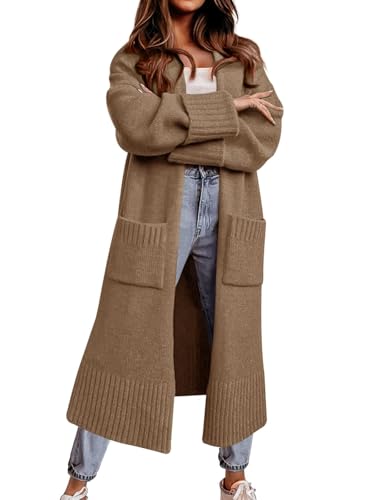 Imily Bela Strickjacke Damen Lang mit Taschen Elegante Leichtes Cardigan Locker Lässig Pullover Open Front Herbst Winter(Brown,L) von Imily Bela