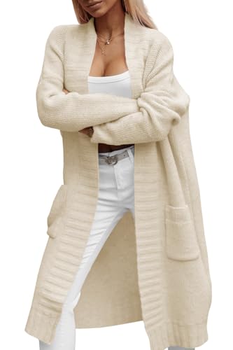Imily Bela Damen Strickjacke mit Taschen Lang Grobstrick Cardigan Herbst Strickmantel Winter Open Front Pullover(Aprikosenfarbe, XXL) von Imily Bela