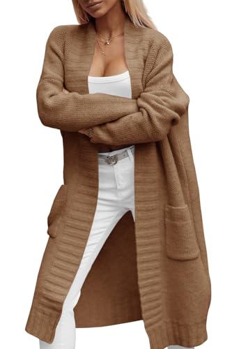 Imily Bela Damen Strickjacke mit Taschen Lang Grobstrick Cardigan Herbst Strickmantel Winter Open Front Pullover(Braun, S) von Imily Bela