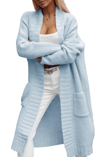 Imily Bela Damen Strickjacke mit Taschen Lang Grobstrick Cardigan Herbst Strickmantel Winter Open Front Pullover(Blau, S) von Imily Bela