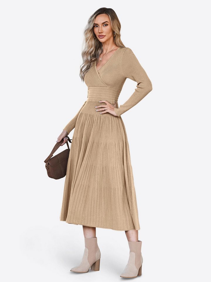 Imily Bela Strickkleid Damen Langarm Midi Pullover Kleid Wrap V-Ausschnitt (Packung, 1-tlg., 1per-Pack) Faltenrock von Imily Bela
