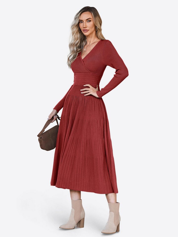 Imily Bela Strickkleid Damen Langarm Midi Pullover Kleid Wrap V-Ausschnitt (Packung, 1-tlg., 1per-Pack) Faltenrock von Imily Bela