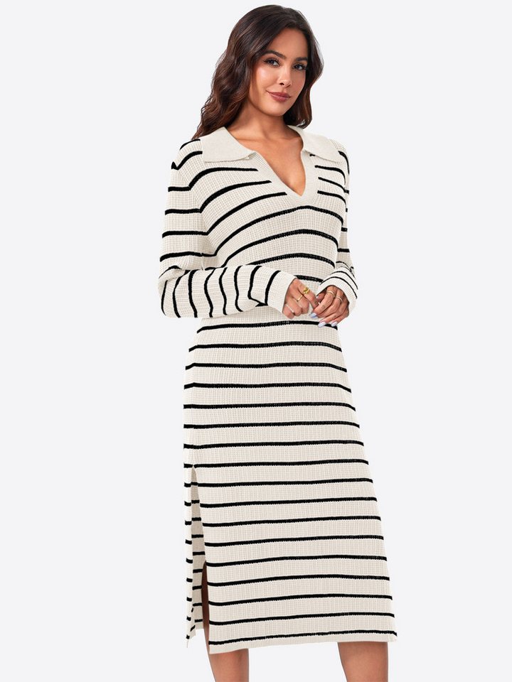 Imily Bela Strickkleid gestreifter, Damen langer Strickpullover (Packung, 1-tlg., 1per-Pack) Reverskragen,Rippstrick von Imily Bela