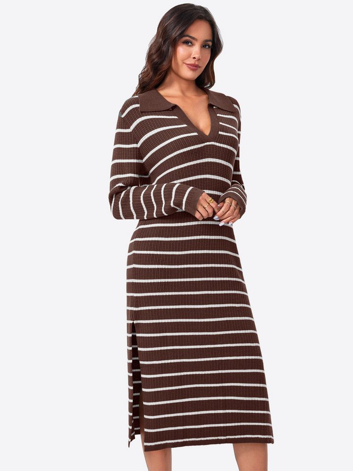 Imily Bela Strickkleid gestreifter, Damen langer Strickpullover (Packung, 1-tlg., 1per-Pack) Reverskragen,Rippstrick von Imily Bela