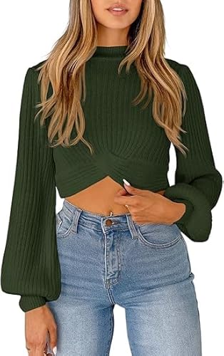 Imily Bela Strickpullover Damen Cropped Pullover Sexy Kurzer Pulli Stehkragen Herbst Strickshirts Jumper Tops.Armee Grün.M von Imily Bela