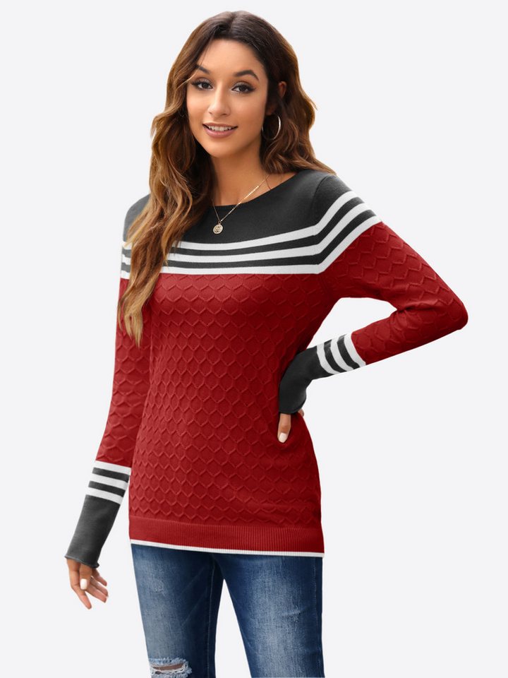 Imily Bela Sweater Damen Gestreifter Colorblock Pullover mit Rundhalsausschnitt (Packung, 1-tlg., 1per-Pack) mit Rundhalsausschnitt,Gestreifter Strick von Imily Bela