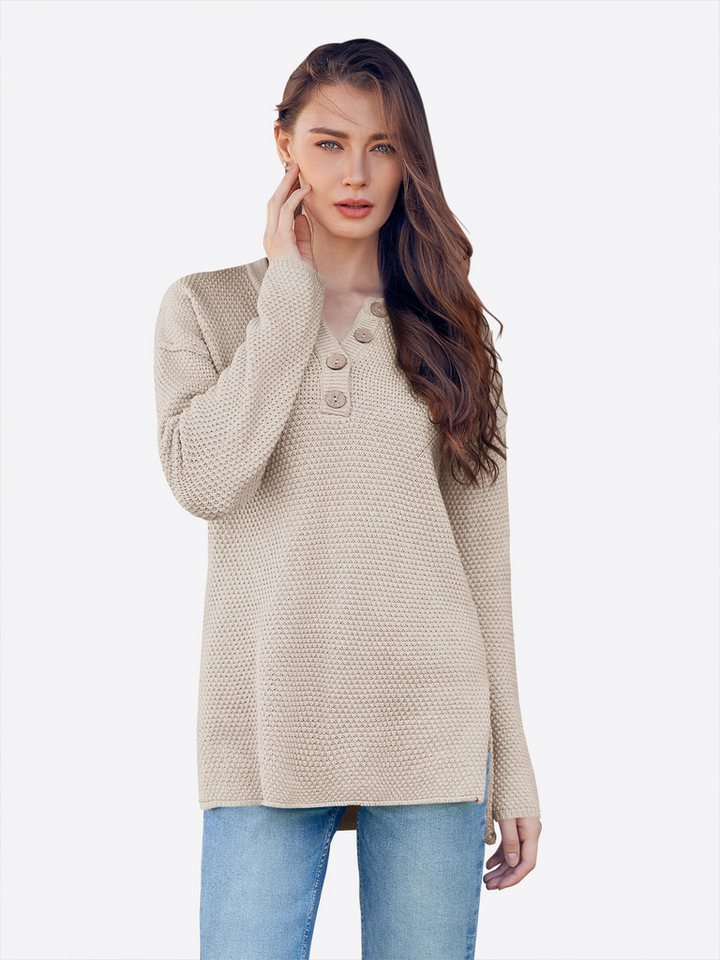 Imily Bela Sweater Damen Oversize Henley-Pullover mit V-Ausschnitt (Packung, 1-tlg., 1per-Pack) Baumwolle, Fledermausärmel von Imily Bela