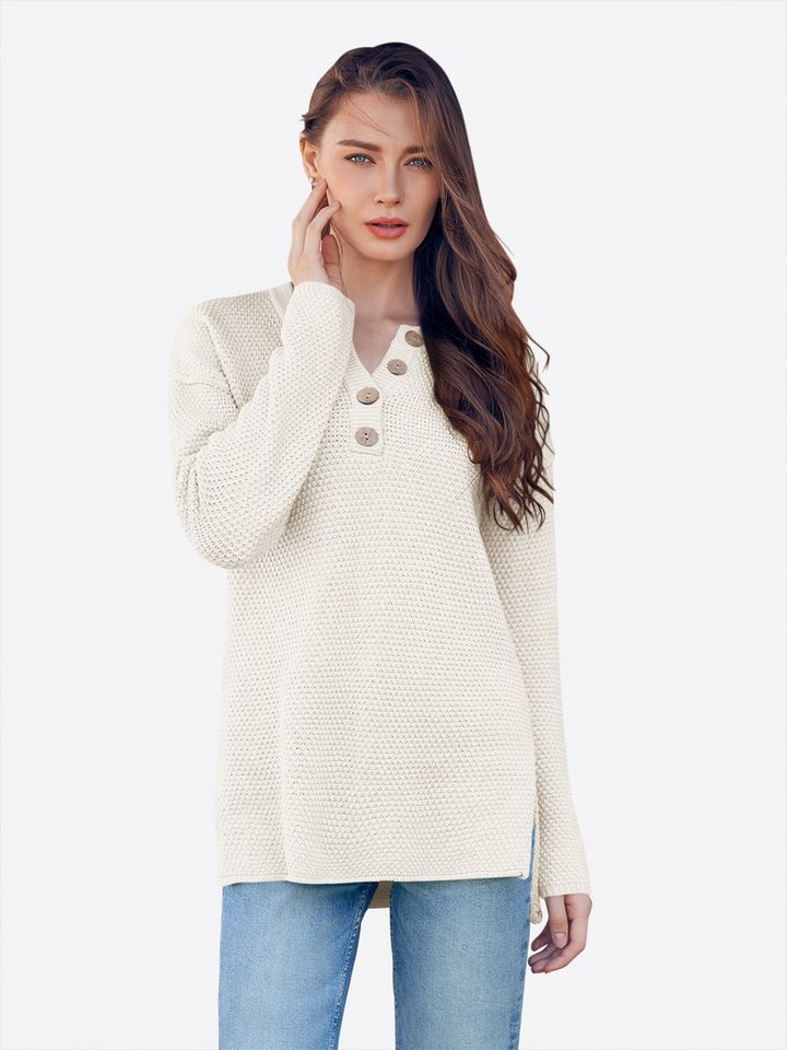 Imily Bela Sweater Damen Oversize Henley-Pullover mit V-Ausschnitt (Packung, 1-tlg., 1per-Pack) Baumwolle, Fledermausärmel von Imily Bela