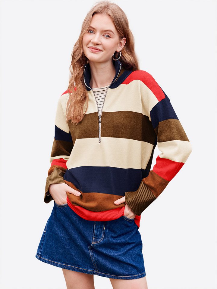 Imily Bela Sweater Damen Oversize Strickpullover mit Streife (Packung, 1-tlg., 1per-Pack) Halber Reißverschluss von Imily Bela