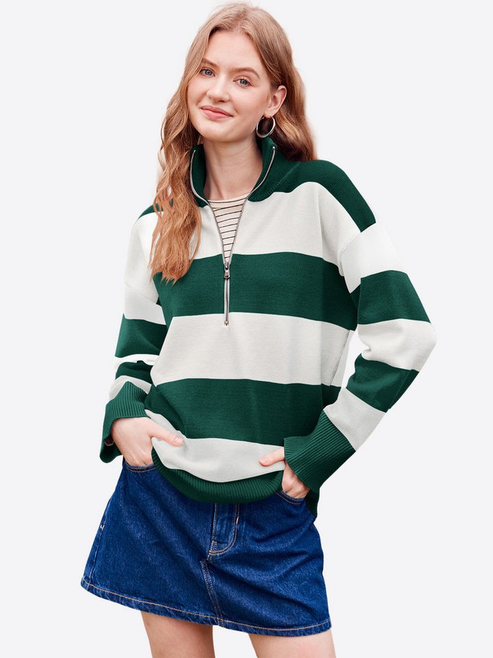 Imily Bela Sweater Damen Oversize Strickpullover mit Streife (Packung, 1-tlg., 1per-Pack) Halber Reißverschluss von Imily Bela