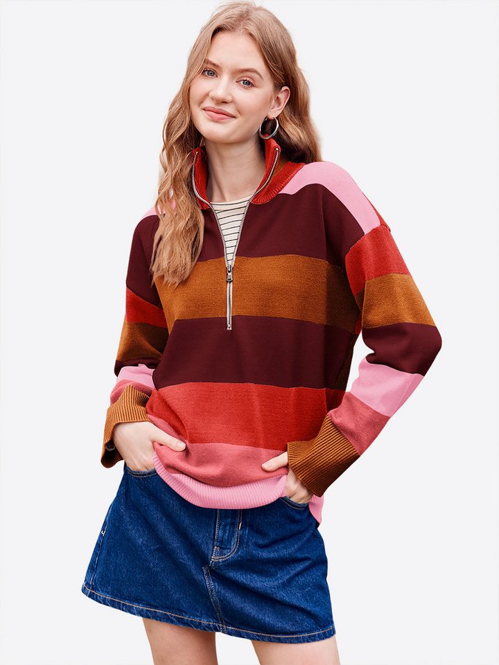 Imily Bela Sweater Damen Oversize Strickpullover mit Streife (Packung, 1-tlg., 1per-Pack) Halber Reißverschluss von Imily Bela