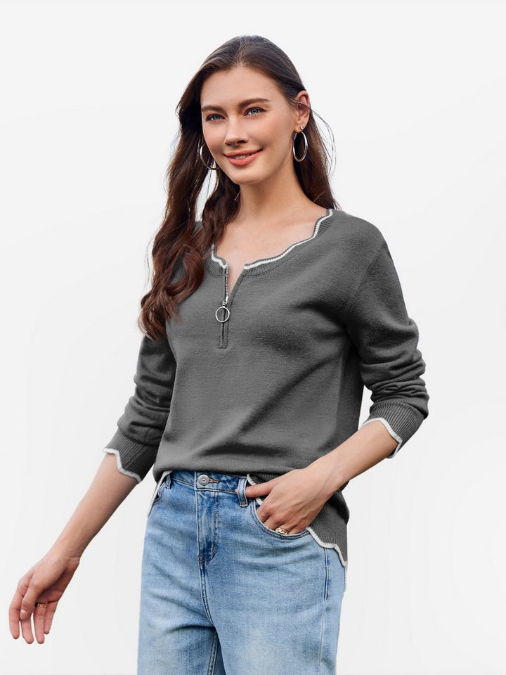 Imily Bela Sweater Damen Pullover mit V-Ausschnitt und 1/4-Reißverschluss (Packung, 1-tlg., 1per-Pack) Gestrickt von Imily Bela