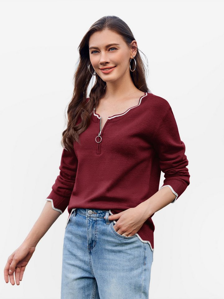 Imily Bela Sweater Damen Pullover mit V-Ausschnitt und 1/4-Reißverschluss (Packung, 1-tlg., 1per-Pack) Gestrickt von Imily Bela