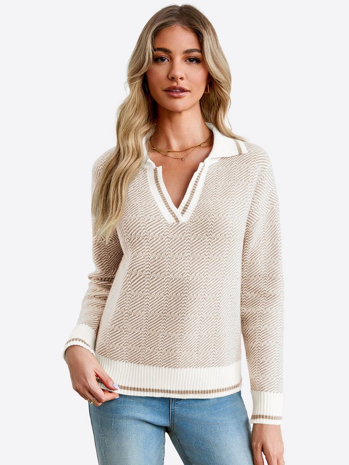 Imily Bela Sweater Lässiger Damen-Strickpullover mit V-Ausschnitt (Packung, 1-tlg., 1per-Pack) Farbblock von Imily Bela