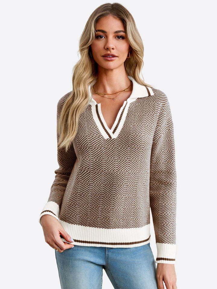 Imily Bela Sweater Lässiger Damen-Strickpullover mit V-Ausschnitt (Packung, 1-tlg., 1per-Pack) Farbblock von Imily Bela