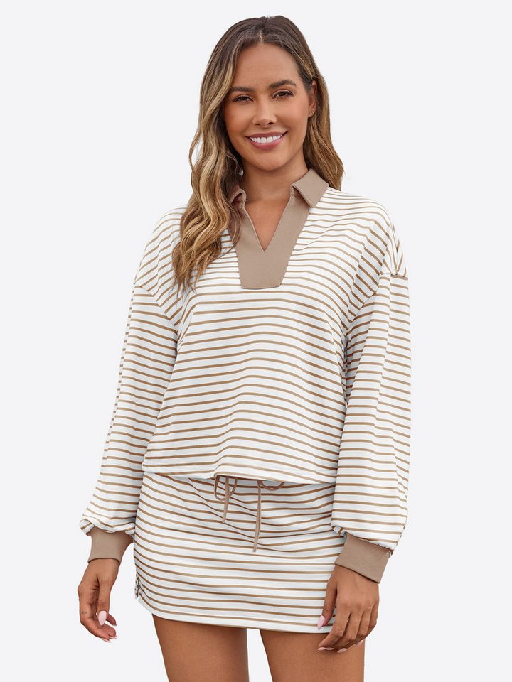 Imily Bela Sweatshirt Damen 2-teilige Gestreifter Pullover-Sets (Set, 2-tlg., Sweatshirt+Relaxshorts) V-Ausschnitt von Imily Bela