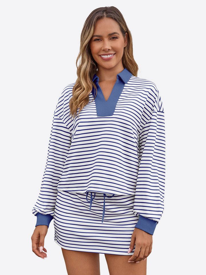 Imily Bela Sweatshirt Damen 2-teilige Gestreifter Pullover-Sets (Set, 2-tlg., Sweatshirt+Relaxshorts) V-Ausschnitt von Imily Bela