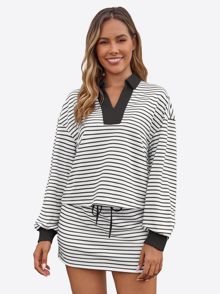 Imily Bela Sweatshirt Damen 2-teilige Gestreifter Pullover-Sets (Set, 2-tlg., Sweatshirt+Relaxshorts) V-Ausschnitt von Imily Bela