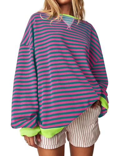 Imily Bela Sweatshirt Damen Gestreift Pullover Oversized Langarmshirt Rundhals Ohne Kapuze Pulli Striped Shirt Y2K Oberteile Tops.Rosa.XXL von Imily Bela