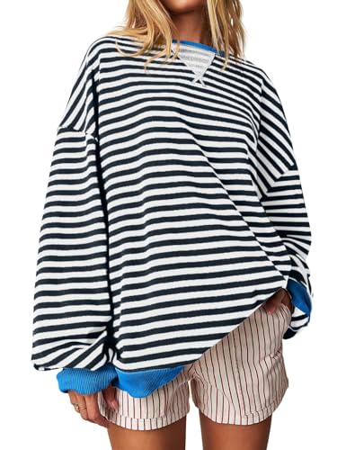 Imily Bela Sweatshirt Damen Gestreift Pullover Oversized Langarmshirt Rundhals Ohne Kapuze Pulli Striped Shirt Y2K Oberteile Tops.Schwarz.XXL von Imily Bela