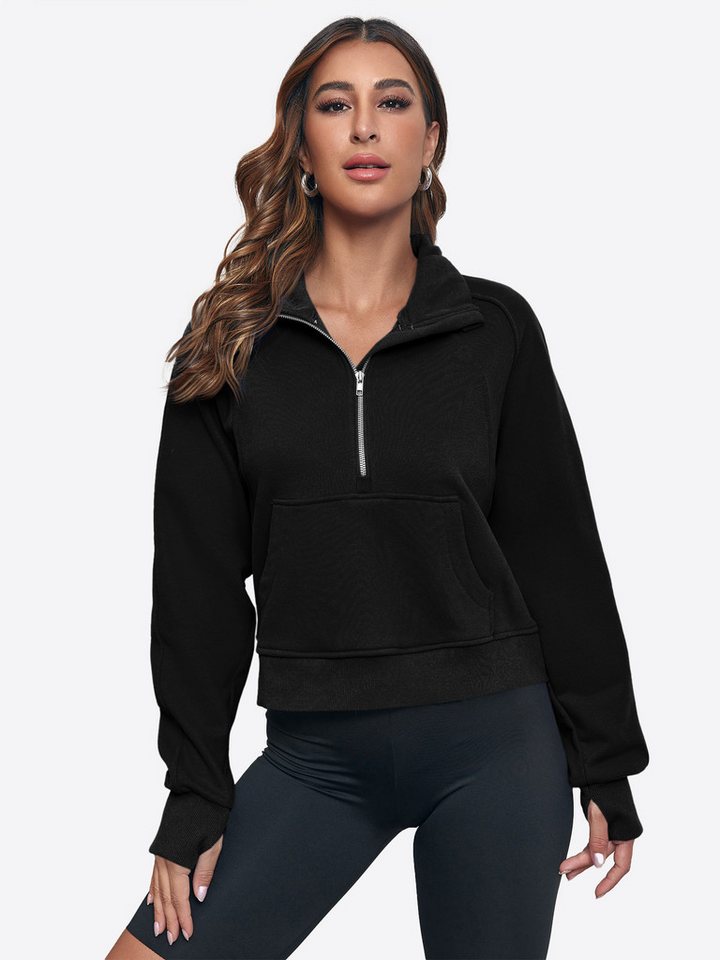 Imily Bela Sweatshirt Damen Langarm Pullover mit halbem Reißverschluss (Packung, 1-tlg., 1per-Pack) Baumwolle, Kängurutasche von Imily Bela