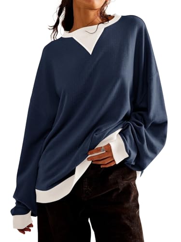 Imily Bela Sweatshirt Damen Pullover Oversized Langarmshirt Rundhals Ohne Kapuze Pulli Casual Shirt Y2K Oberteile Tops.Marineblau.M von Imily Bela