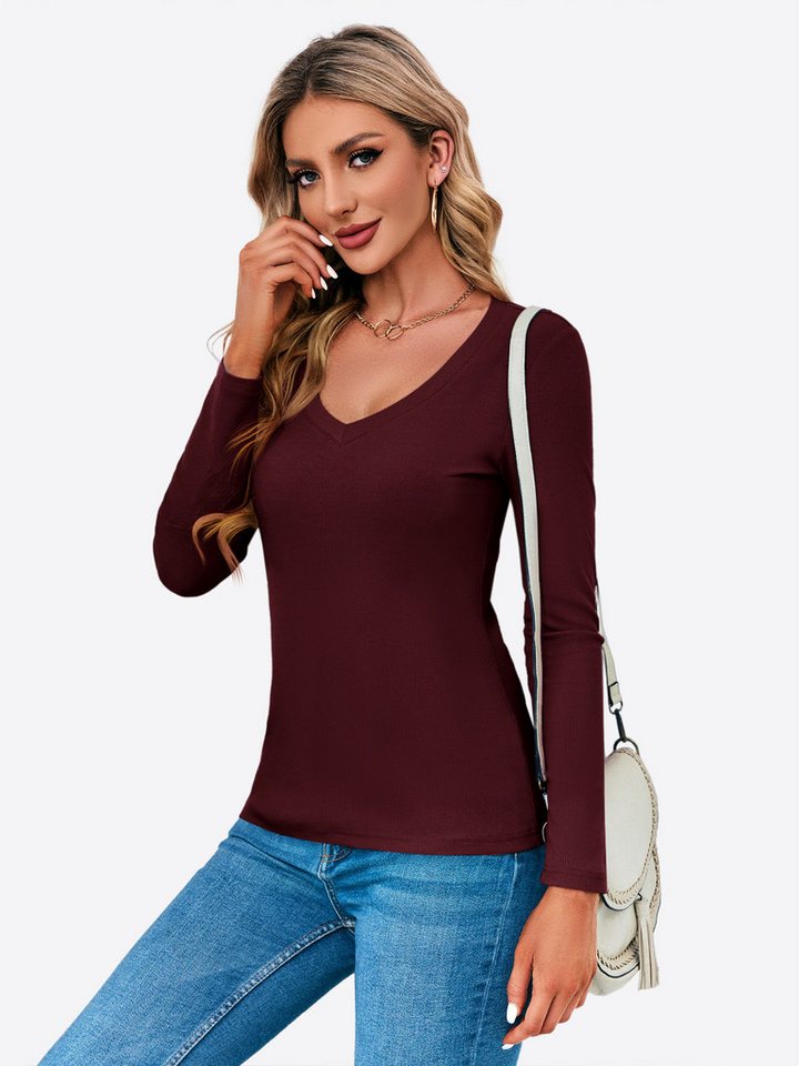 Imily Bela T-Shirt Damen Langärmliges Slim-Fit-Oberteil mit V-Ausschnitt (Packung, 1-tlg., 1per-Pack) Rippenstrick von Imily Bela