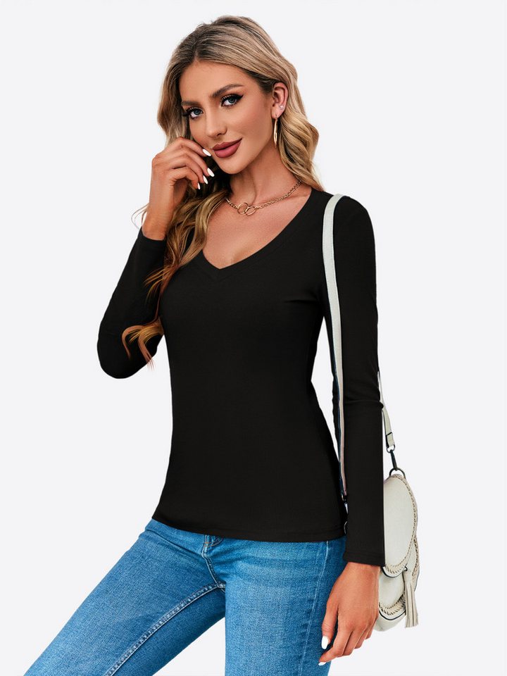 Imily Bela T-Shirt Damen Langärmliges Slim-Fit-Oberteil mit V-Ausschnitt (Packung, 1-tlg., 1per-Pack) Rippenstrick von Imily Bela