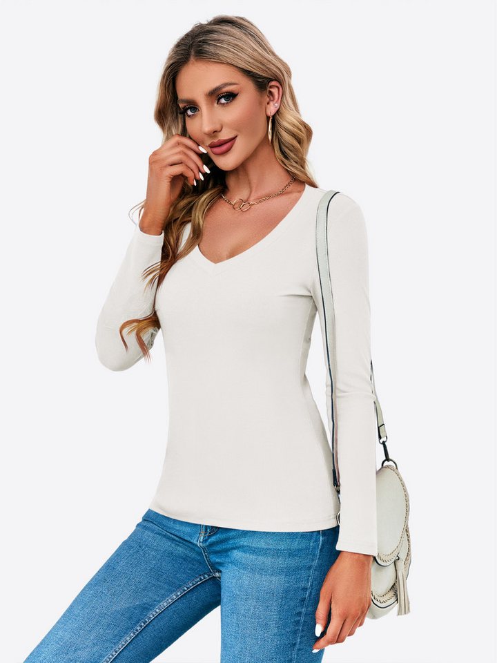 Imily Bela T-Shirt Damen Langärmliges Slim-Fit-Oberteil mit V-Ausschnitt (Packung, 1-tlg., 1per-Pack) Rippenstrick von Imily Bela