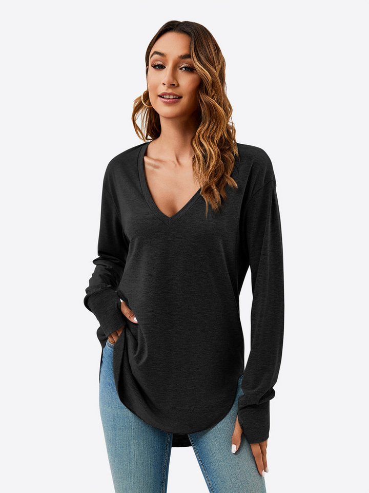 Imily Bela T-Shirt Damen Langarmshirt Oversize mit tiefer V-Ausschnitt (Packung, 1-tlg., 1per-pack) mit Daumenlöchern von Imily Bela