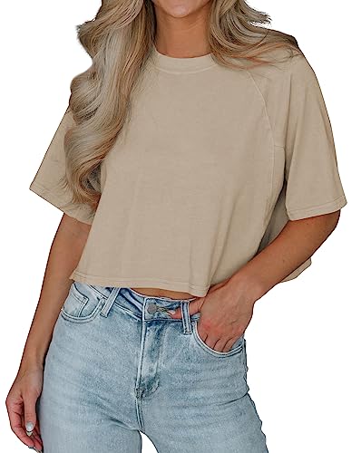 Imily Bela Tshirt Damen Sommer Kurzarm Basic Crop Tops Casual Oversize Sport Oberteile(Khaki, M) von Imily Bela