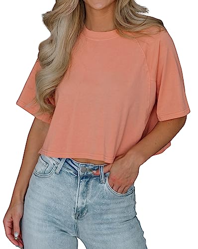 Imily Bela T-Shirt Damen Sommer Kurzarm Basic Crop Tops Casual Oversize Sport Oberteile(Orange,L) von Imily Bela