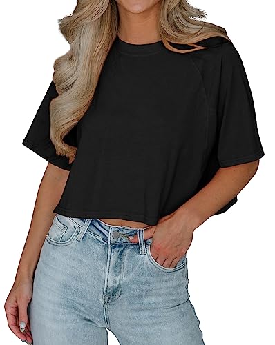 Imily Bela T-Shirt Damen Sommer Kurzarm Basic Crop Tops Casual Oversize Sport Oberteile(Schwarz,L) von Imily Bela